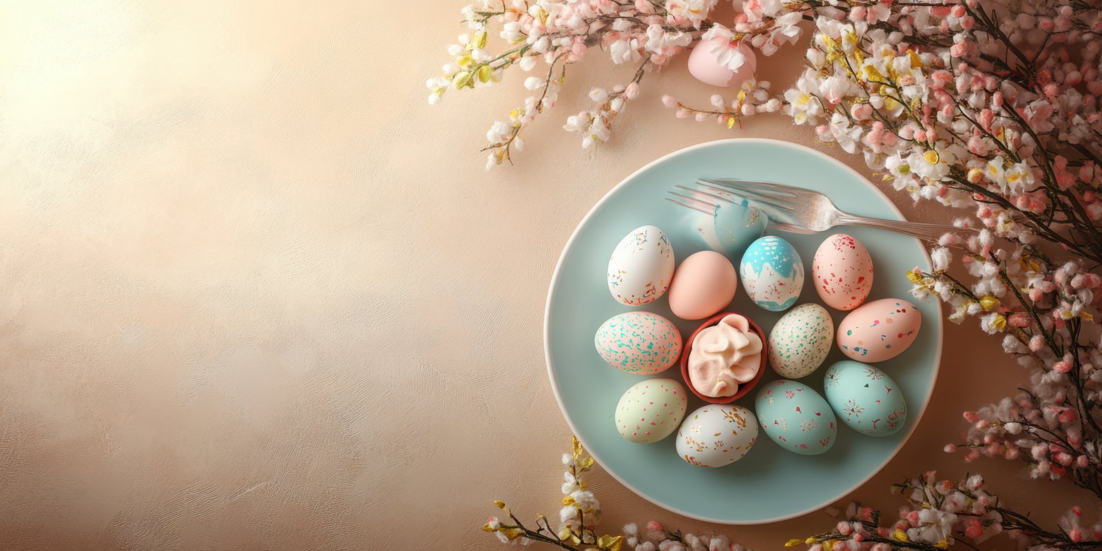 Colorful Easter eggs arranged on a pastel plate with blooming branches creating a festive spring atmosphere